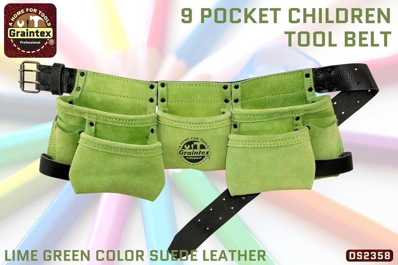 Graintex DS2358 :: 9 Pocket Children Tool Belt Lime Green Color Suede Leather, Kids Real Tool Belt, Boys and Girls Tool Apron for Home Improvement, 1.1/2" Leather Belt, Hammer Loops - Image 2